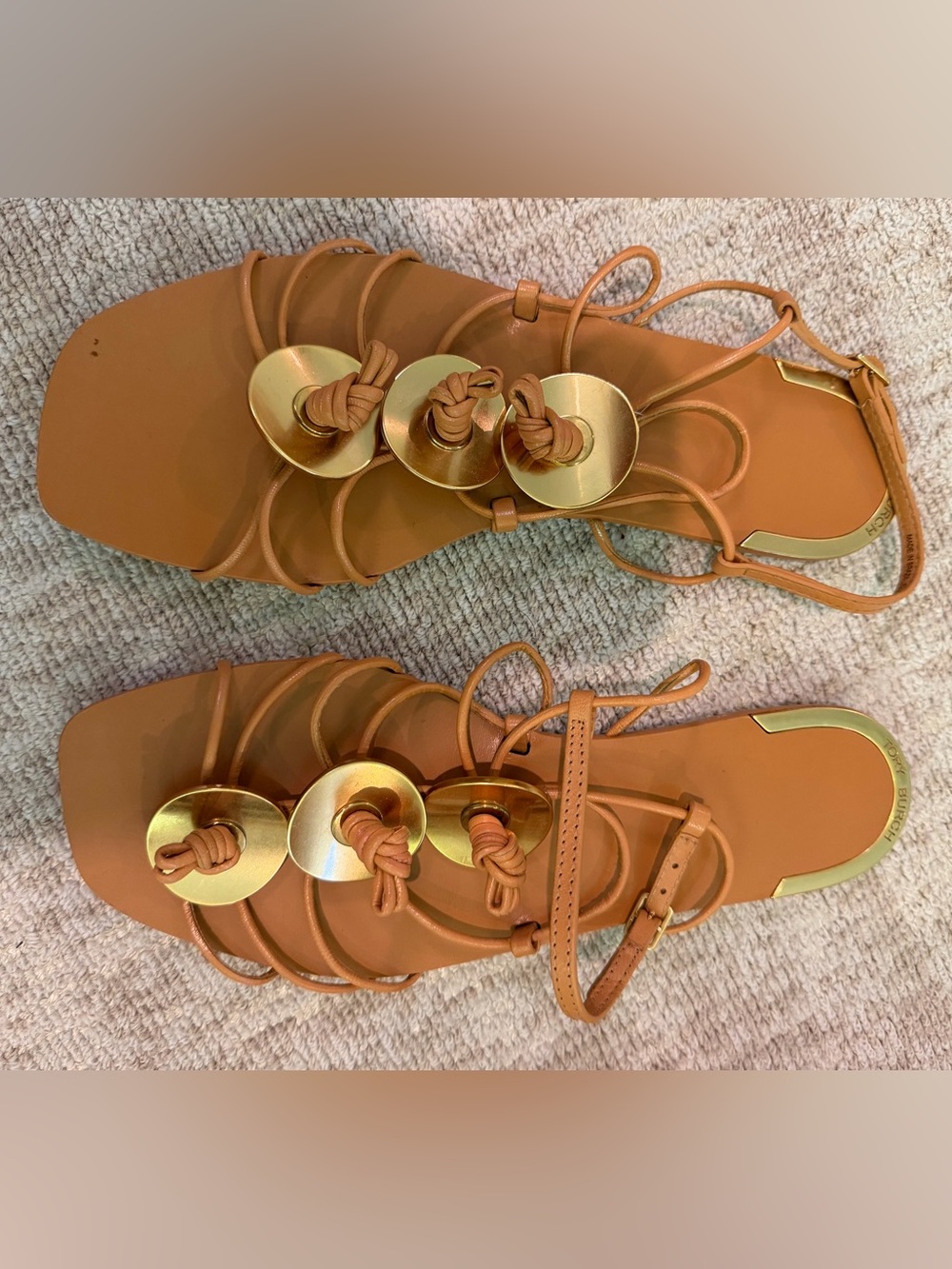 Tory Burch Tan Leather Lace-Up Sandals with Gold Discs